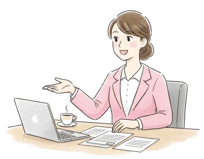 ノートパソコンが置かれたデスクで、優しく微笑みながら相談に乗る女性行政書士のイラスト。ピンクのジャケットを着た温かい雰囲気のデザイン。