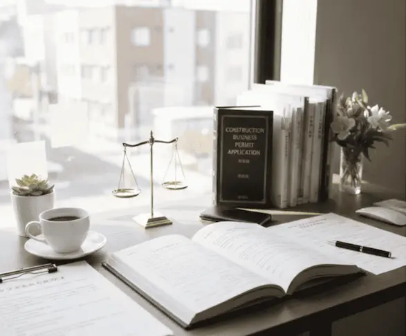 札幌の街並みを背景に、六法全書やマンション管理規約の書類、天秤が置かれた、信頼感のある行政書士の執務デスク