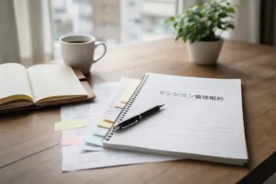 付箋がたくさん貼られた管理規約の冊子と、落ち着いたデスクの風景。