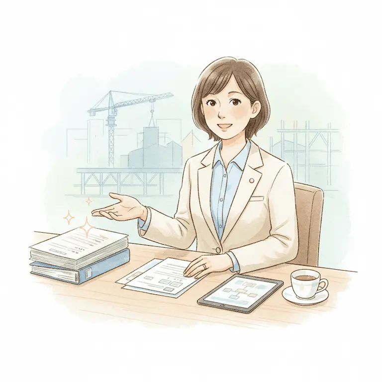 デスクで笑顔を浮かべ、整然と並んだ建設業許可の申請書類を指し示す女性行政書士のイラスト。背景には建設現場の風景が描かれた、温かい水彩画タッチのデザイン。