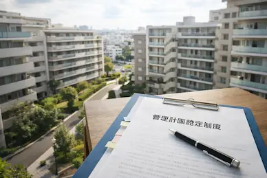 青空に映えるマンション群と、管理計画の書類が挟まれたバインダー。