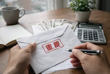 木目調のデスクの上で、赤字で「重要」と記された封筒を手に持ち、ペンで書類を確認している様子。奥には電卓、ノート、コーヒーカップ、観葉植物、そして千円札と一万円札が並んでいる。