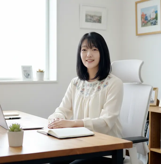 明るいオフィスで笑顔で座る代表行政書士の女性