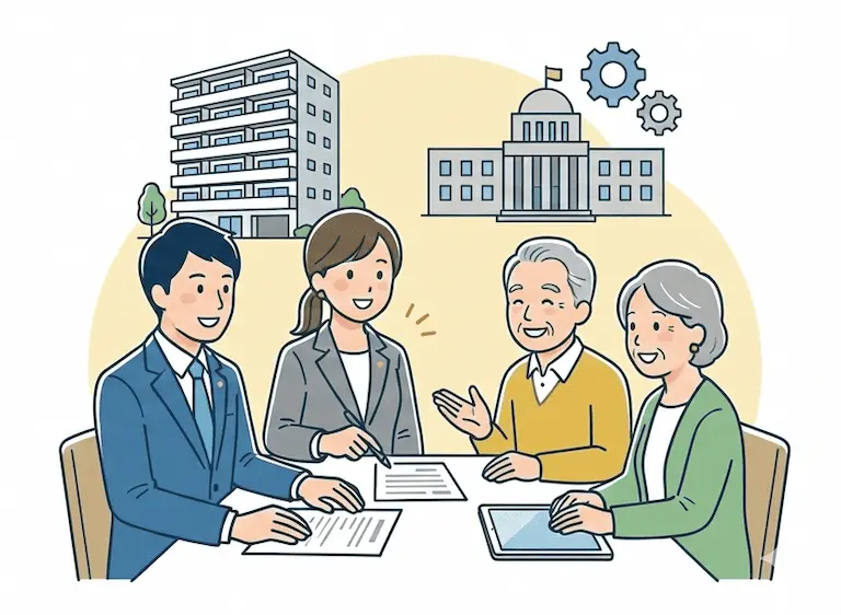 マンション管理士と行政書士が連携して、管理組合の相談に乗っているイラスト。背景にマンションと行政庁舎。